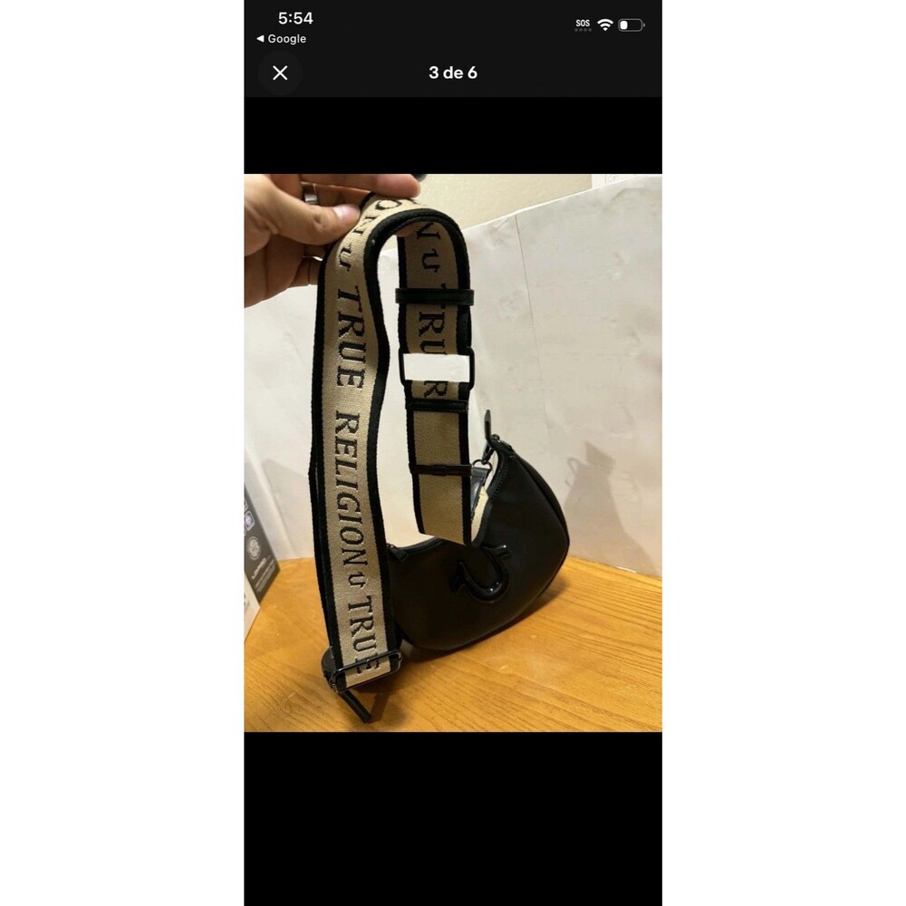 True Religion Black Crescent Crossbody Bag, Zip Top, Logo Strap, Coin Purse - Picture 2 of 5